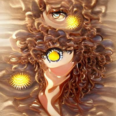 Woman with brown curly hair and golden eyes