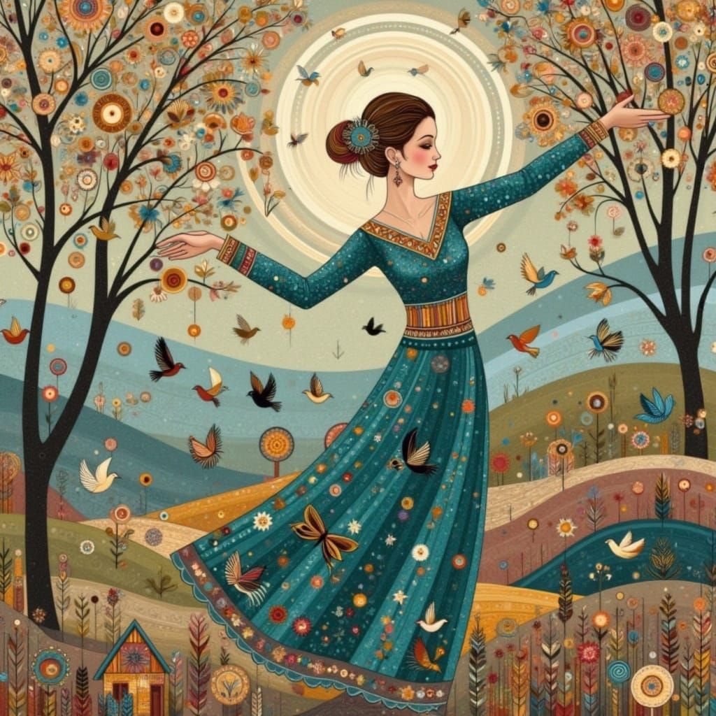 Dancer in Gustav Klimt and Lucy Grossmith style, illustration, translucent, teal, crimson, gold, autumn colours, (mixed media collage:1.2),...