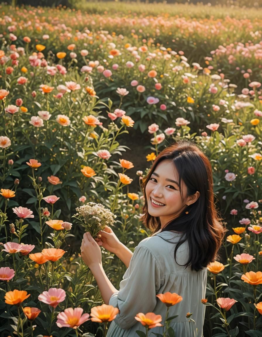 Beautiful girl picking flower