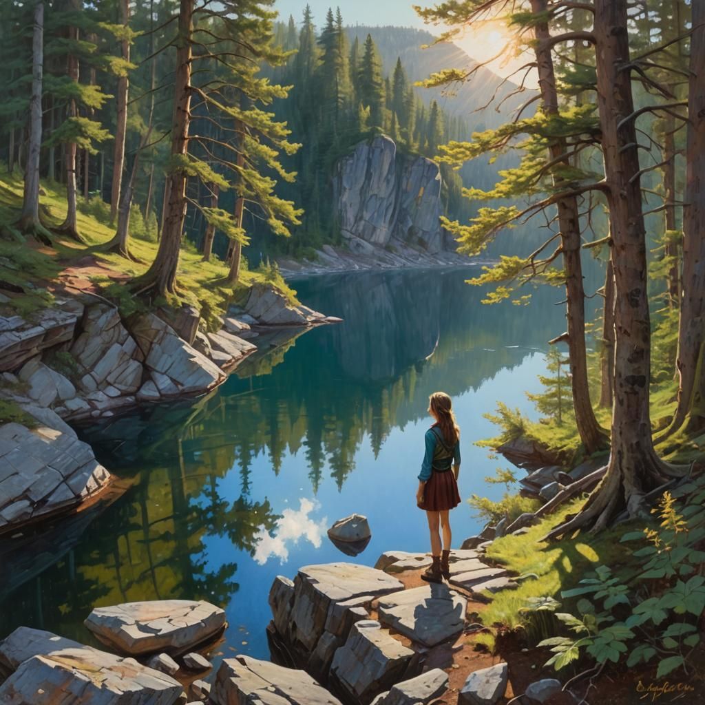 A girl walks in the forest, stops at the edge of a cliff, an...