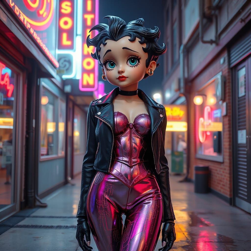 Cyberpunk Betty Boop in a Neon Alleyway
