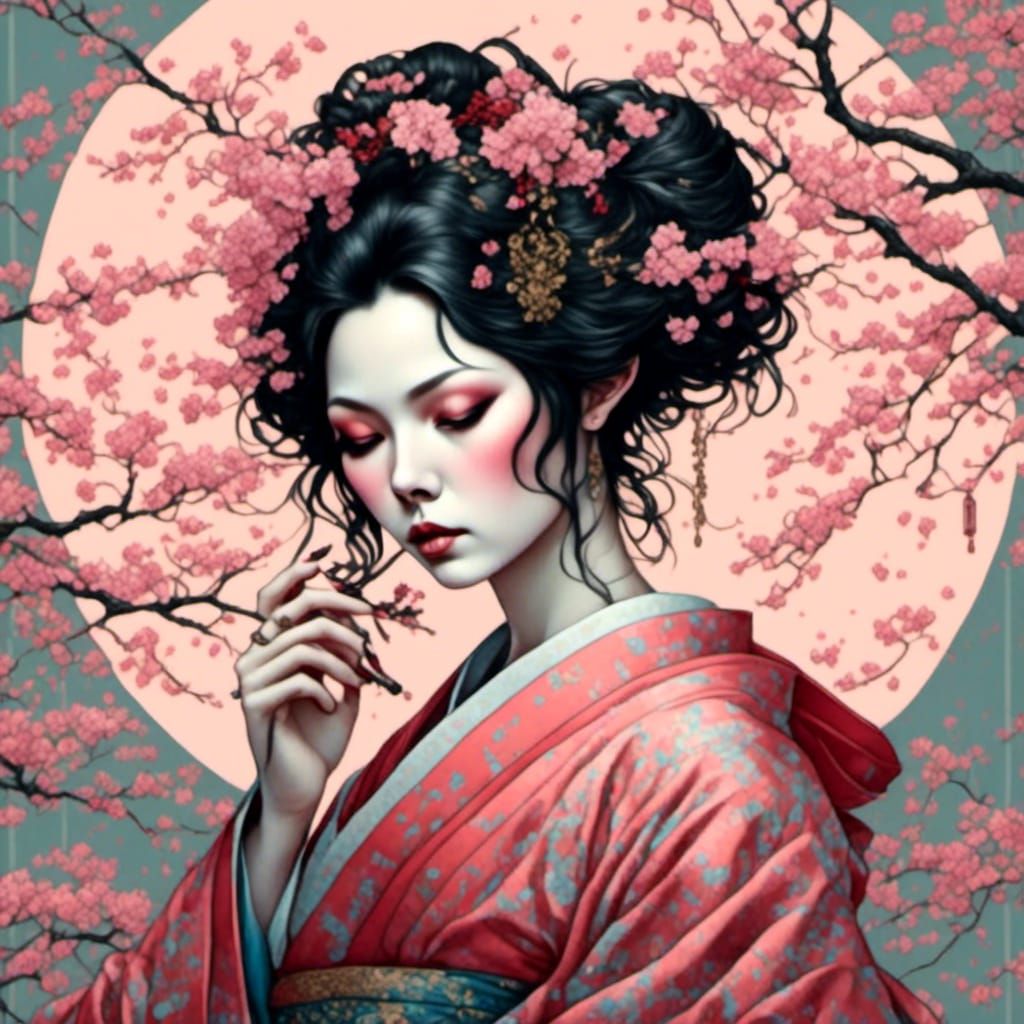 Shy geisha cherry blossoms - AI Generated Artwork - NightCafe Creator