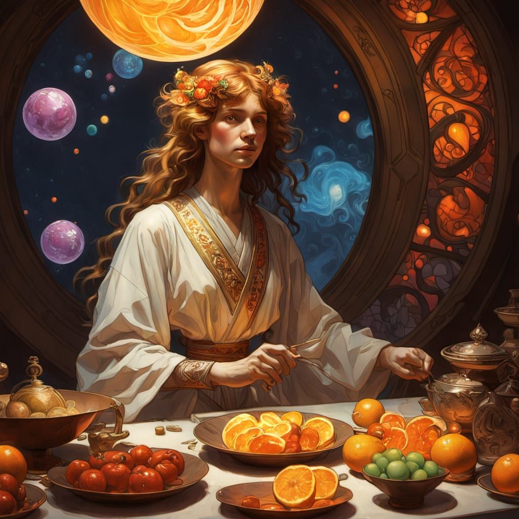 Envision a celestial chef crafting gourmet dishes on a planet made of candy. The chef, adorned in robes of spun sugar, meticulously prepares...