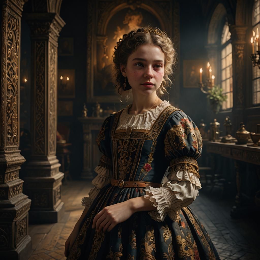 an ultrarealistic photo of a young Girl in a vintage dress, ...