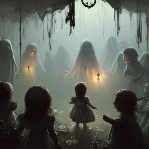 A creepy haunted daycare with hollow-eyed dolls, cluttered t...
