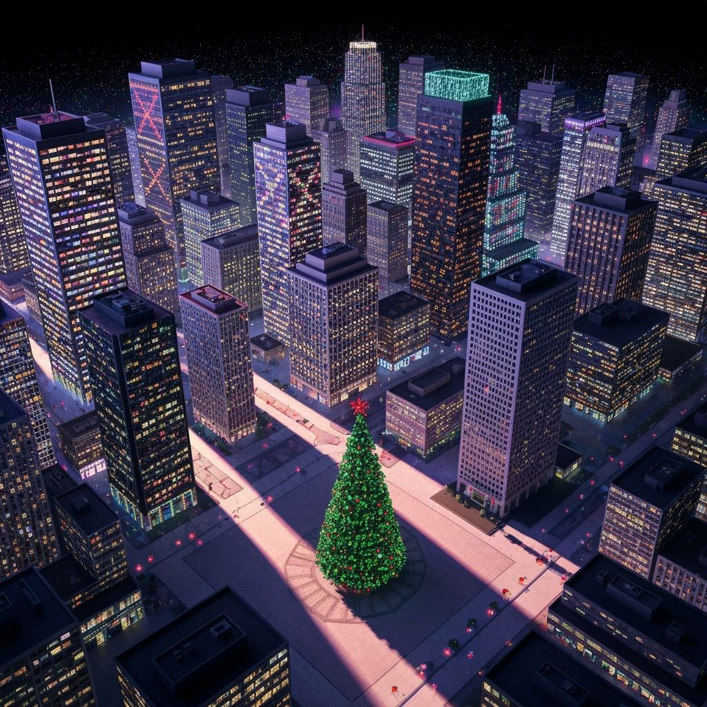 Retro-Futuristic Cityscape with Digital Holiday Lights