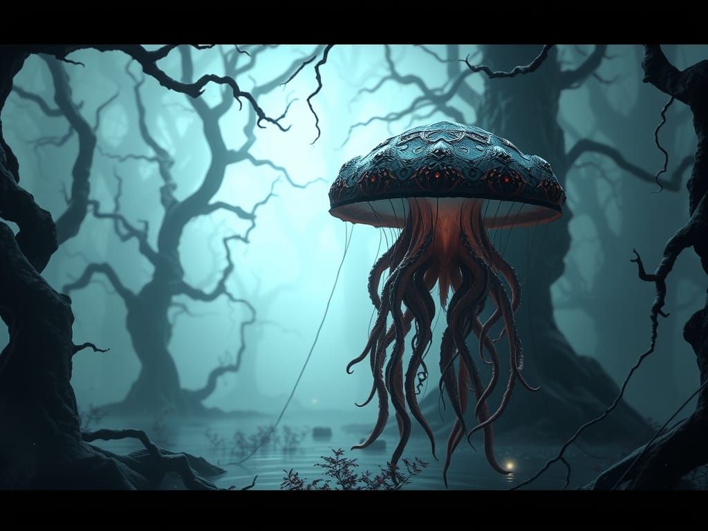 a mythical jellyfish in a cold, dark swamp surrounded by trees