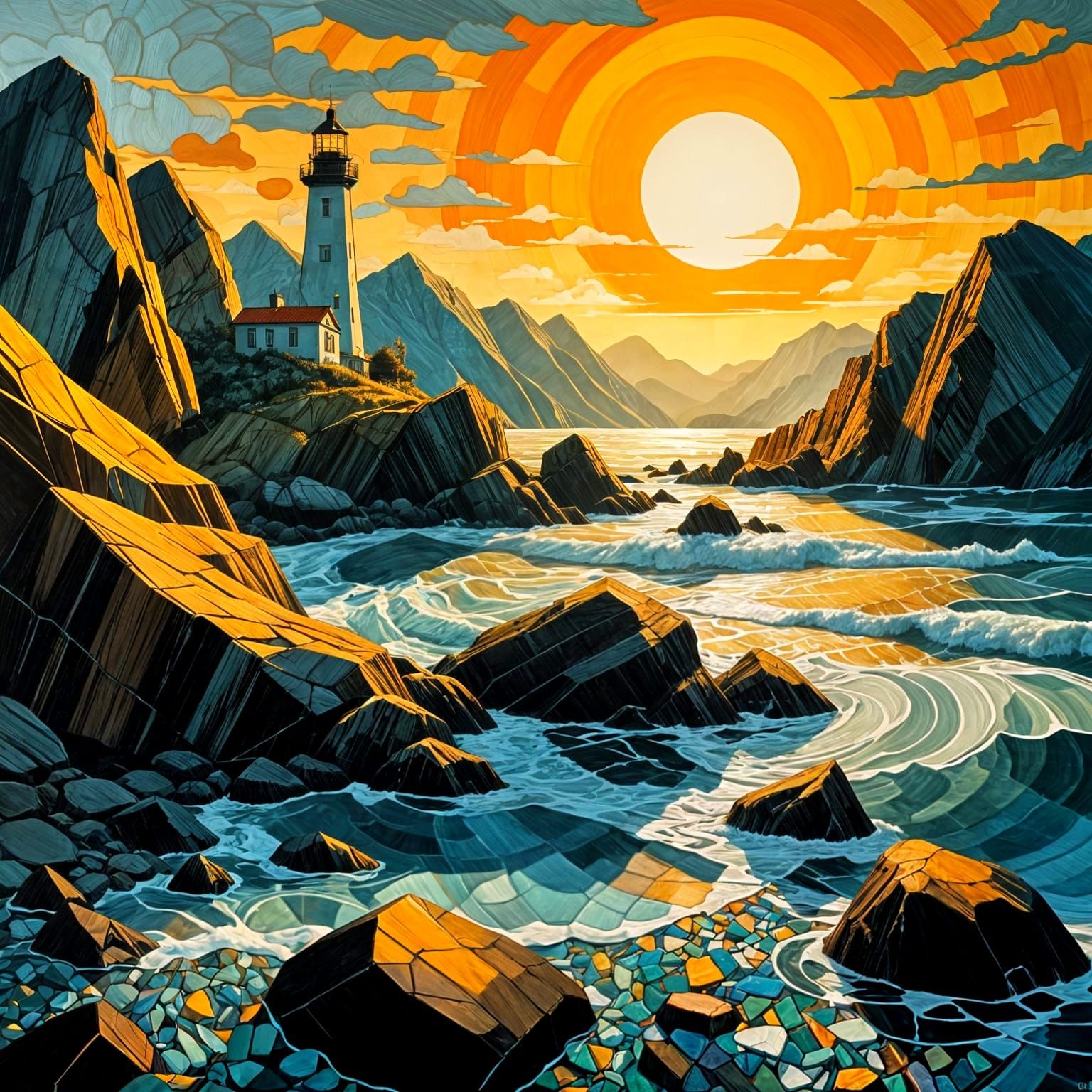  Sea Glass Sculptures very beautiful insanely detailed image of glowing seascape lighthouse in golden October". beautiful golden mountains, ...