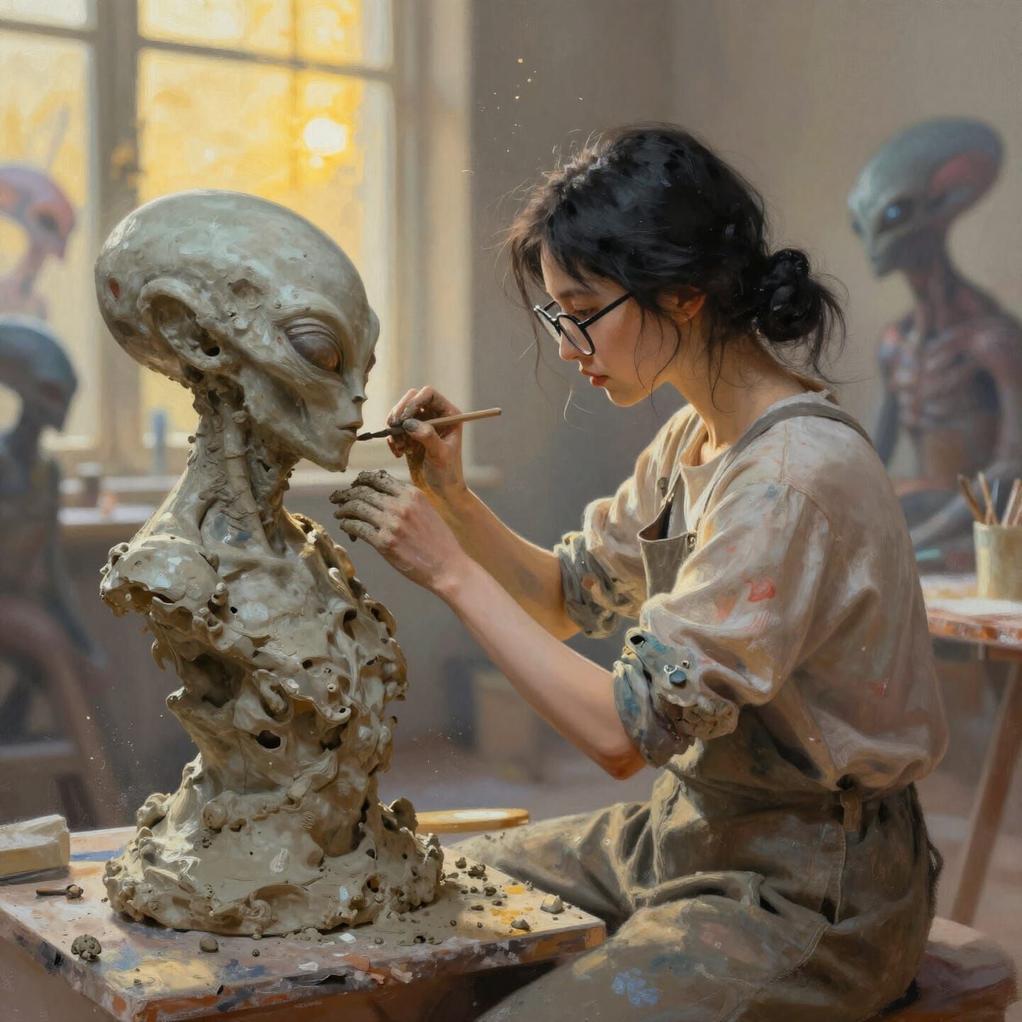 A beautiful, pale sculptor with black hair and glasses, streaks of clay on her clothes, is completely ...  by @Griggie