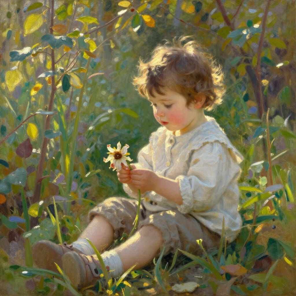 Vintage oil on canvas painting. Medium shot of a young child sitting in a lush, overgrown garden, holding ...  by @KWriter