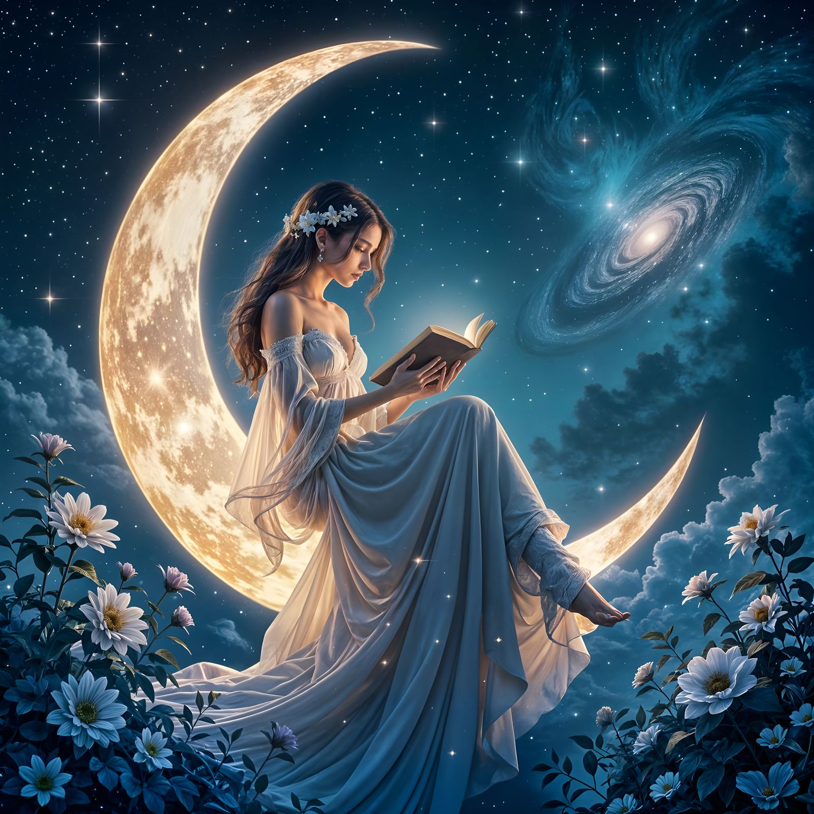 Digital painting. A solitary woman with impossibly long, flowing hair made of stardust, sits on a crescent ...  by @teria