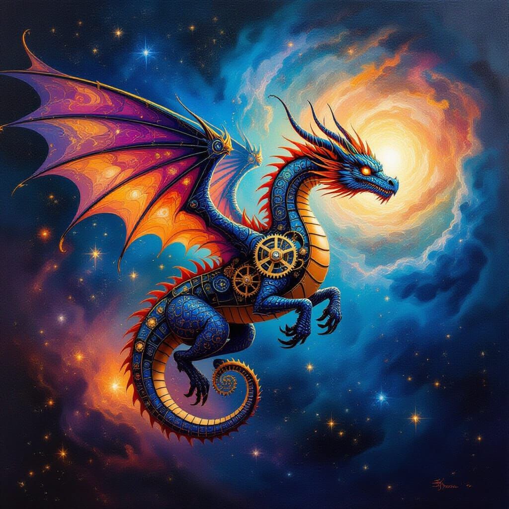 Clockwork Dragon Soars Through Cosmic Nebula in Surreal Oil ...