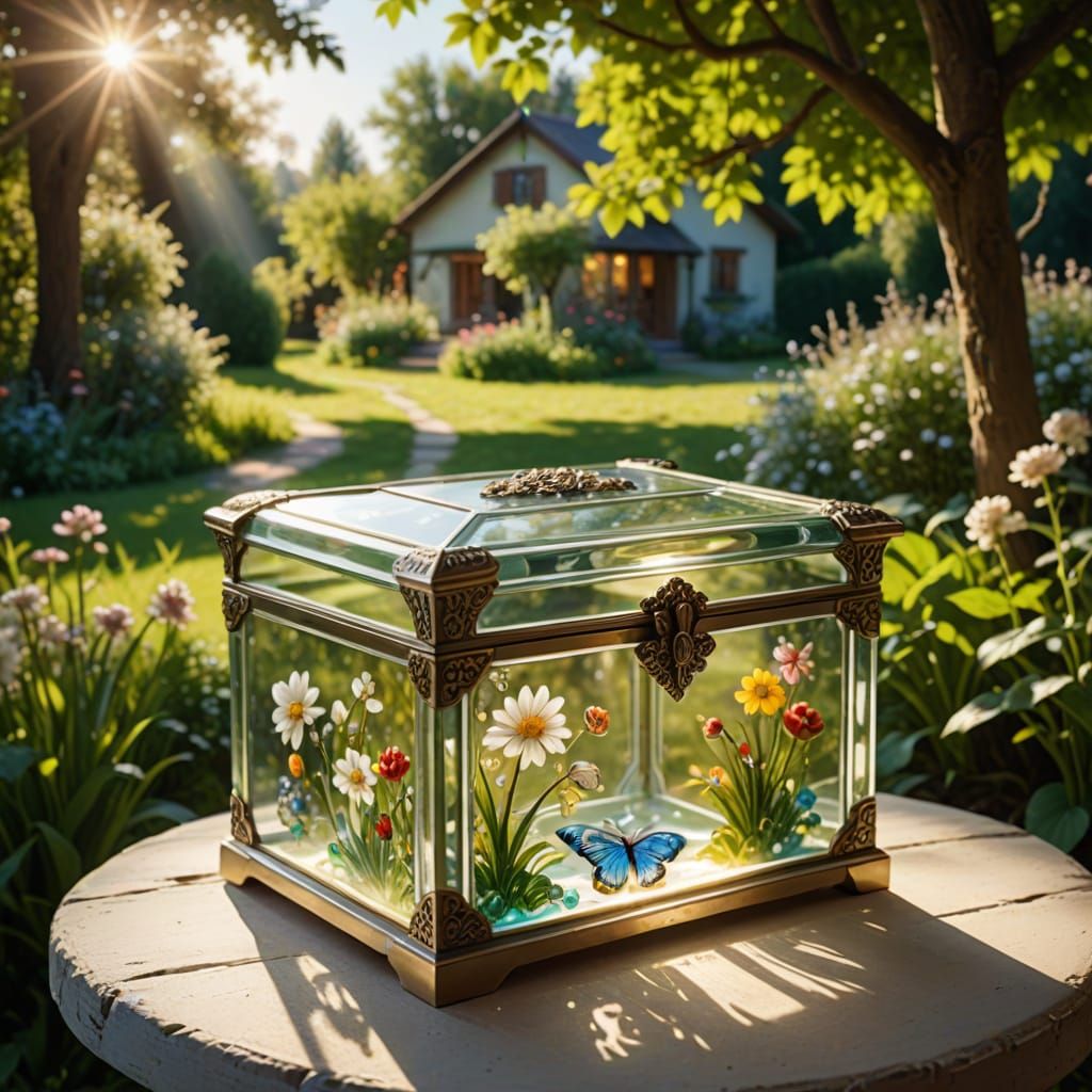 A mesmerizing realistic glass jewelry box, country scenery is painted on it, shimmering light,on a table ...  by @Paul Snipes