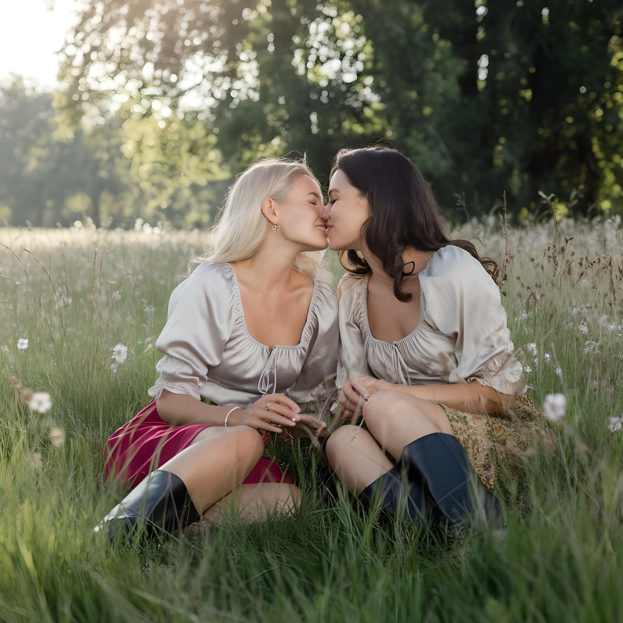 Two attractive women, one blonde, one brunette, sitting in a meadow kissing, wearing silk blouse, peasant skirt and black boots.