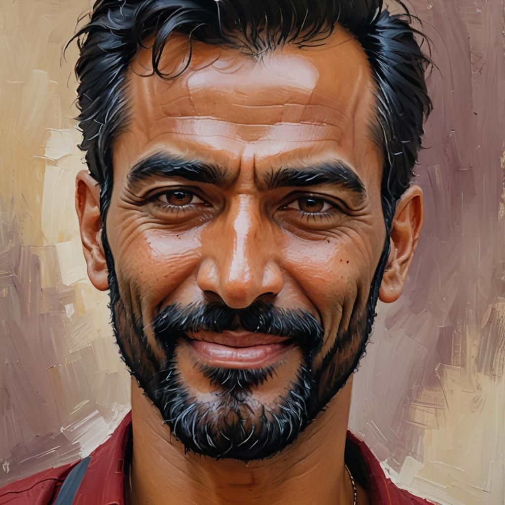 Impressionist painting.  A friendly Afghan man with a beauti...