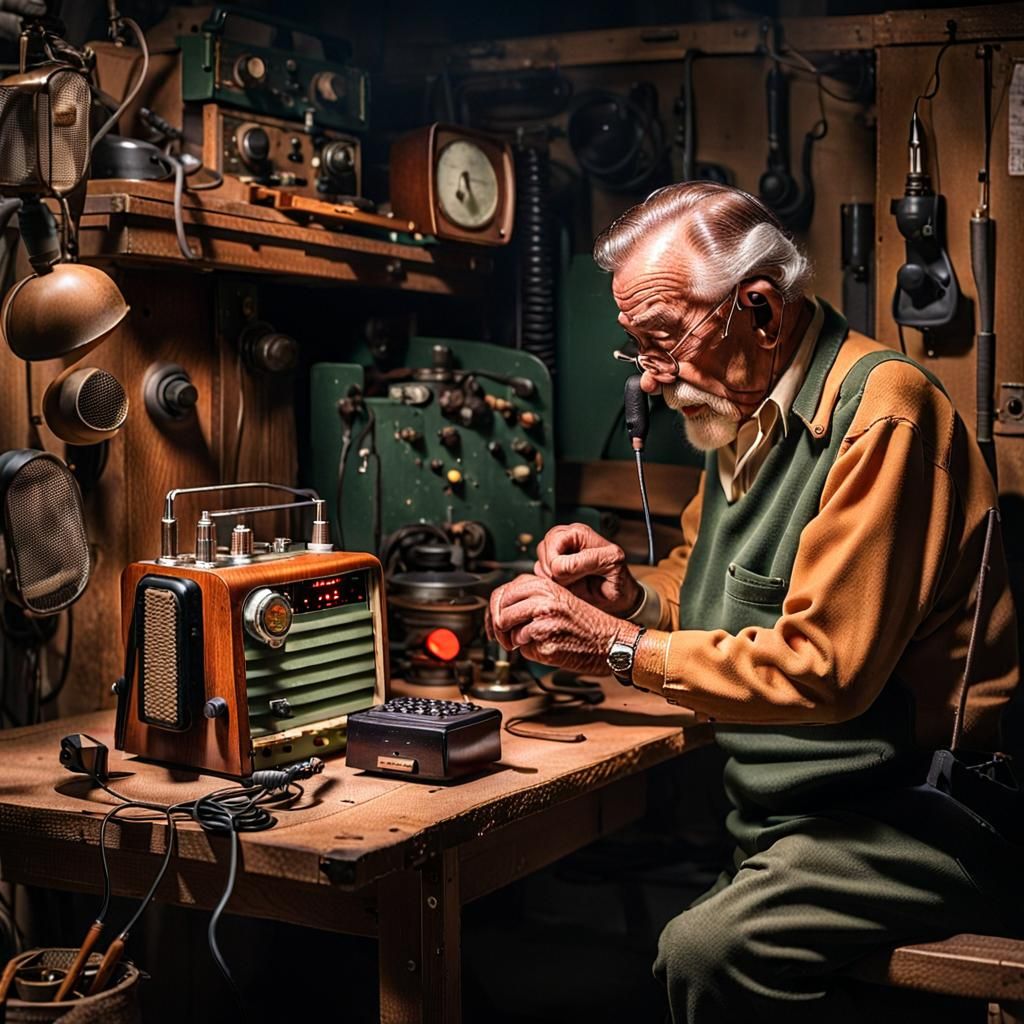 Surrounded with vintage ham band radios to fix.   by @Wanagiyata