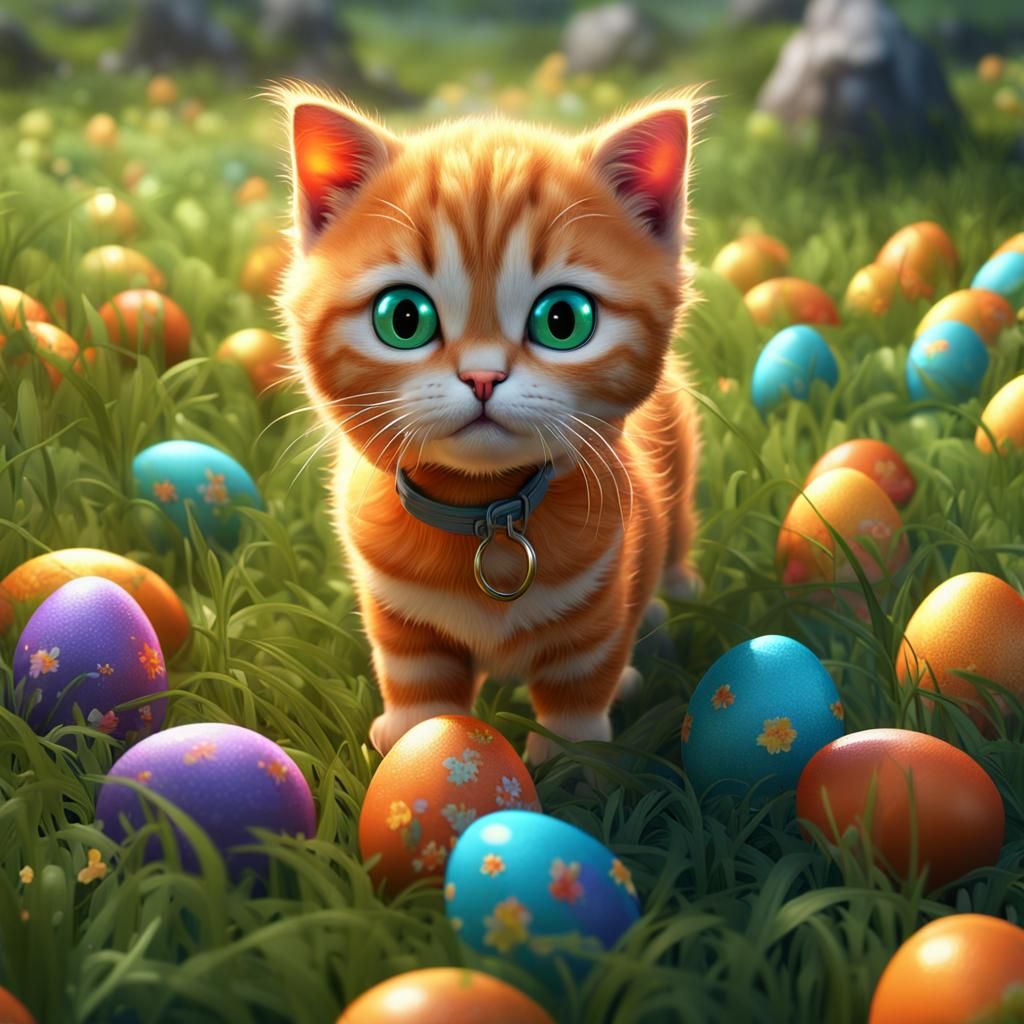 Kitty doing easter egg hunt