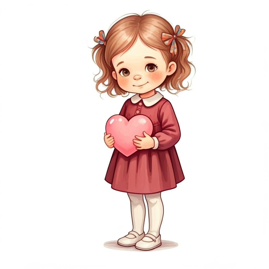 Digitally painted watercolor illustration in a whimsical style, depicting a young girl, 3 years old, with a soft porcelain complexion and ro...