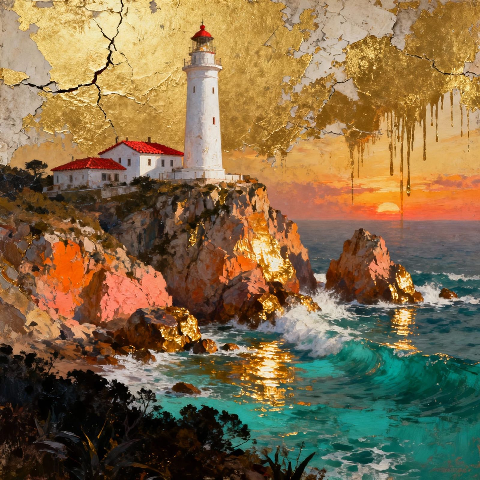 Golden Hour Lighthouse on Rocky Cliffs
