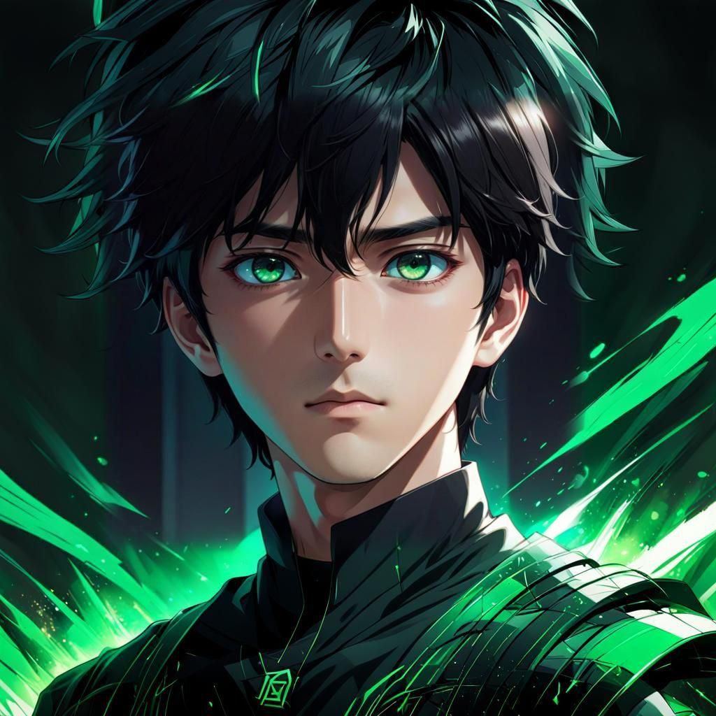 An image of a Korean-Japanese boy, black hair, and green eyes, wearing all black, tall guy, anime, handsome
