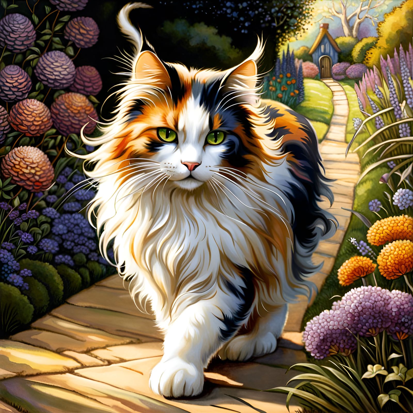 Beautiful calico fluffy fantasy cat, walking, garden path, a...