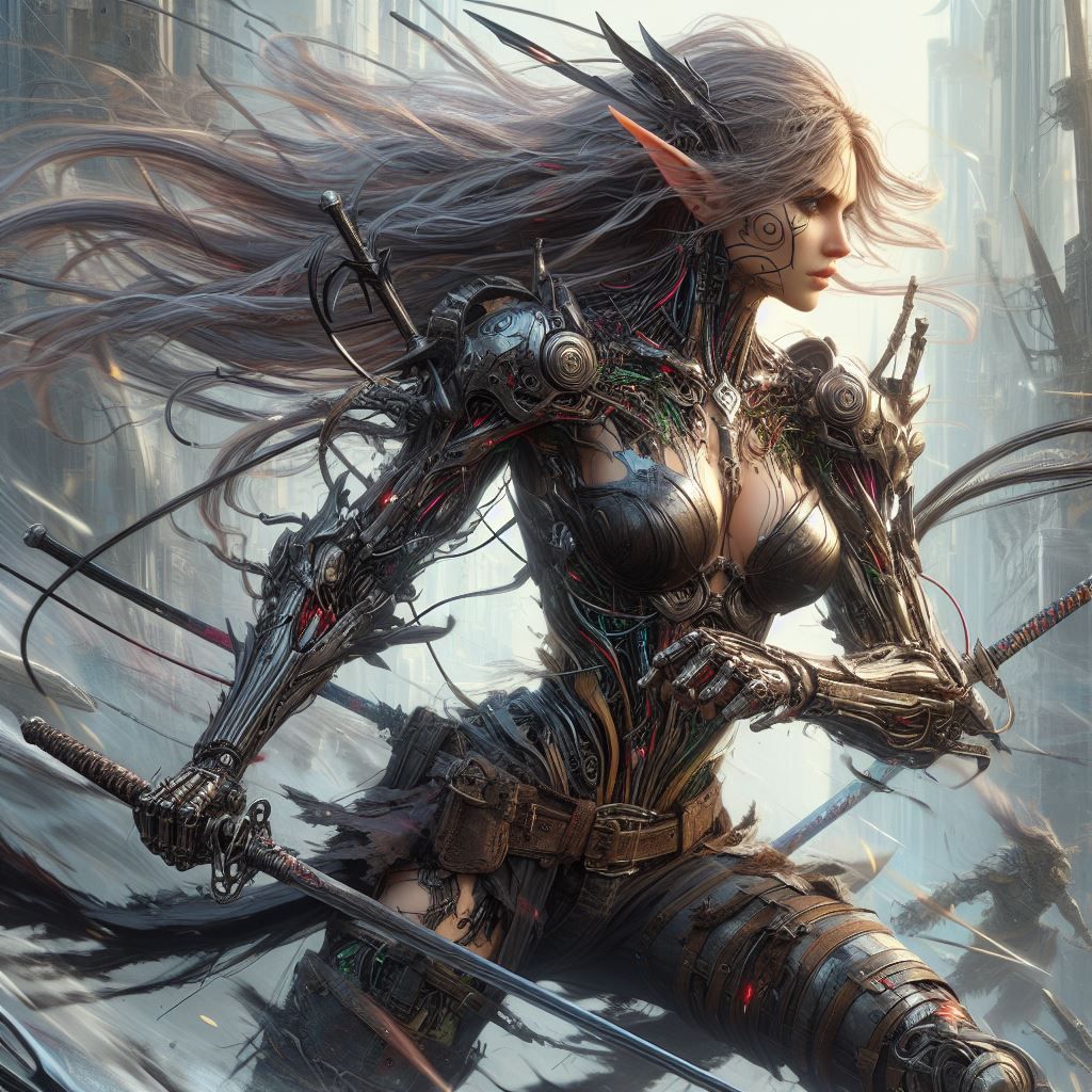 Wood elf cyborg in battle