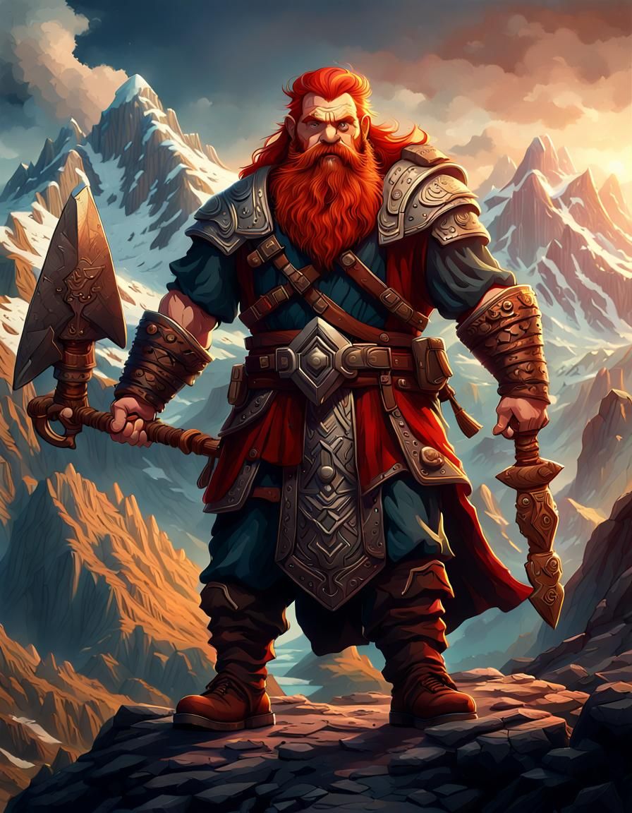a majestic and strong red hair and beard dwarf, holding a ma...