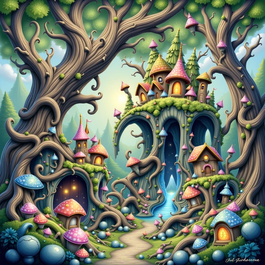 Watercolor painting. Full shot. A whimsical elf village nestles within the branches of an ancient, gnarled tree, its roots intertwined with ...