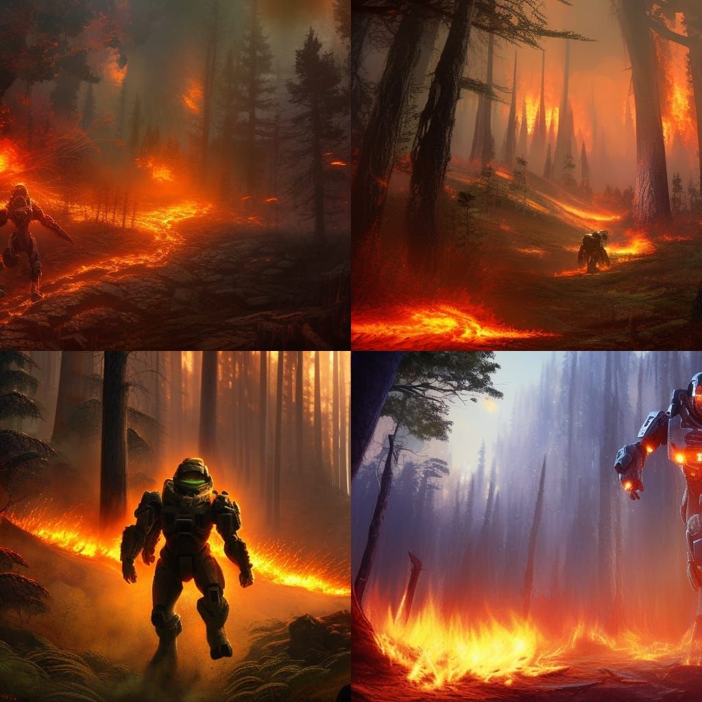 Master Chief running through a flaming forest
