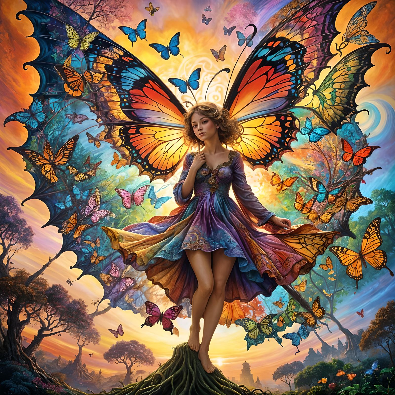 Multicolors butterfly tree lady sunset