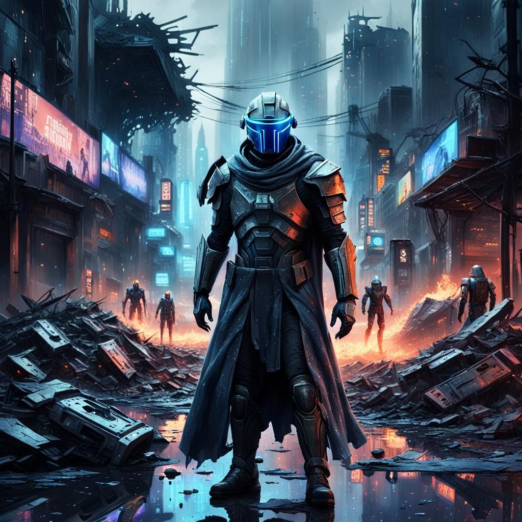 Dystopia in future  male warrior surrounded by robots