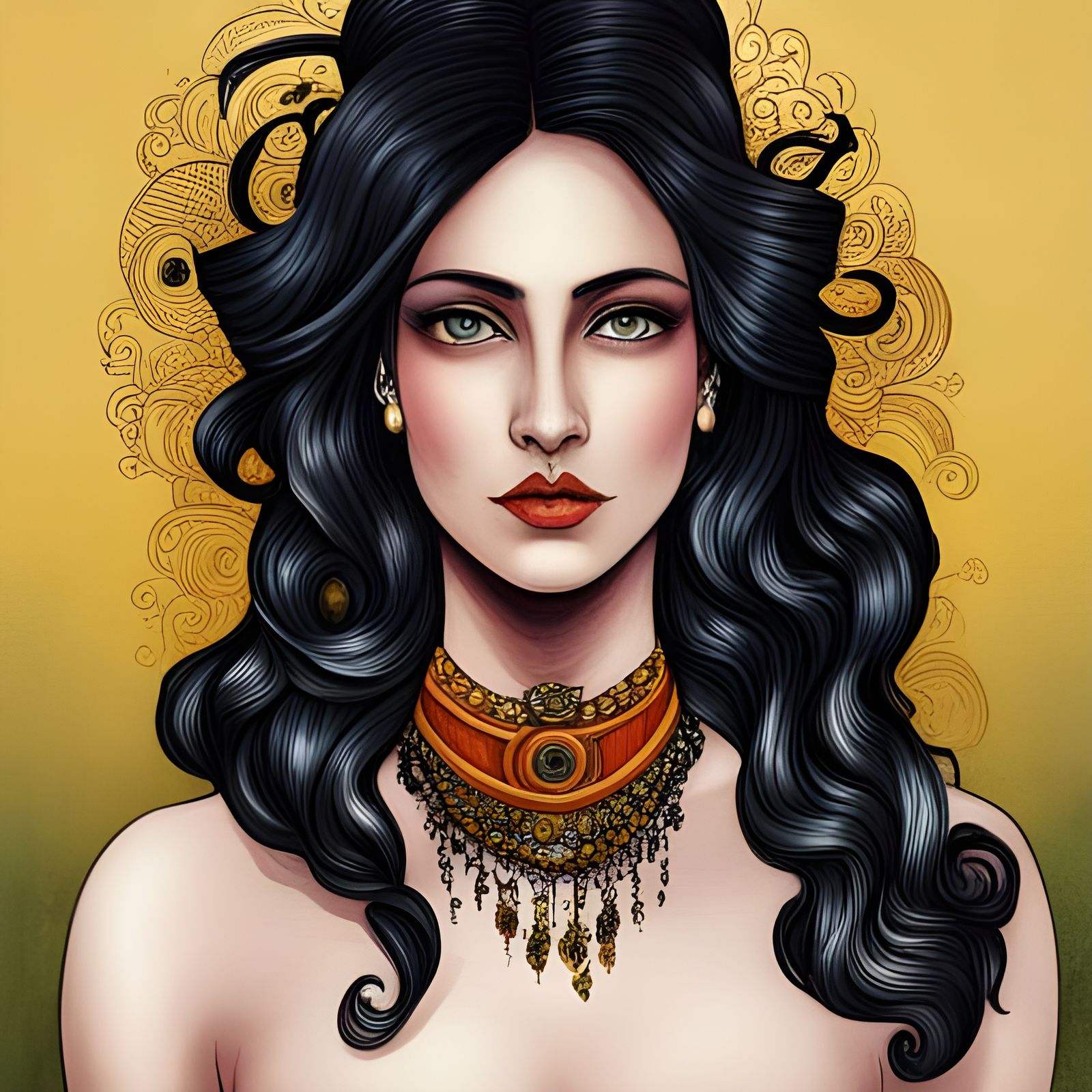 Portrait of beautiful Victorian punk woman with black hair, ...