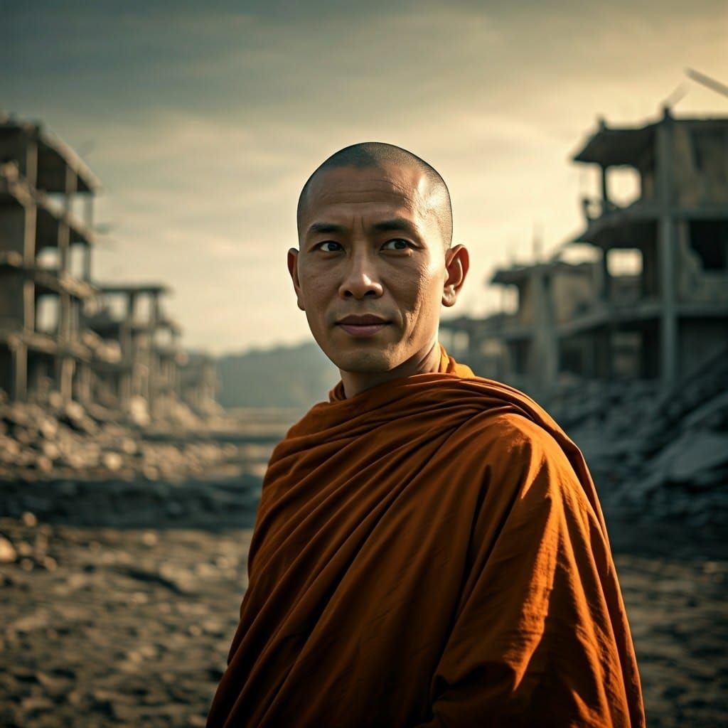Compassionate Monk in a War-Torn Landscape, in Cinematic Sty...