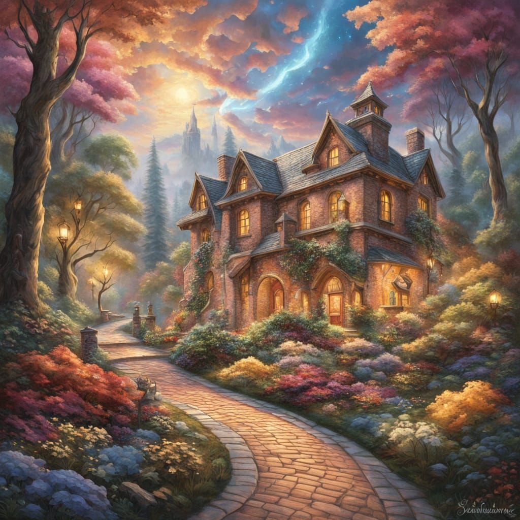 Magical Brick Pathway to Shangri-La in Vibrant Oil Painting ...