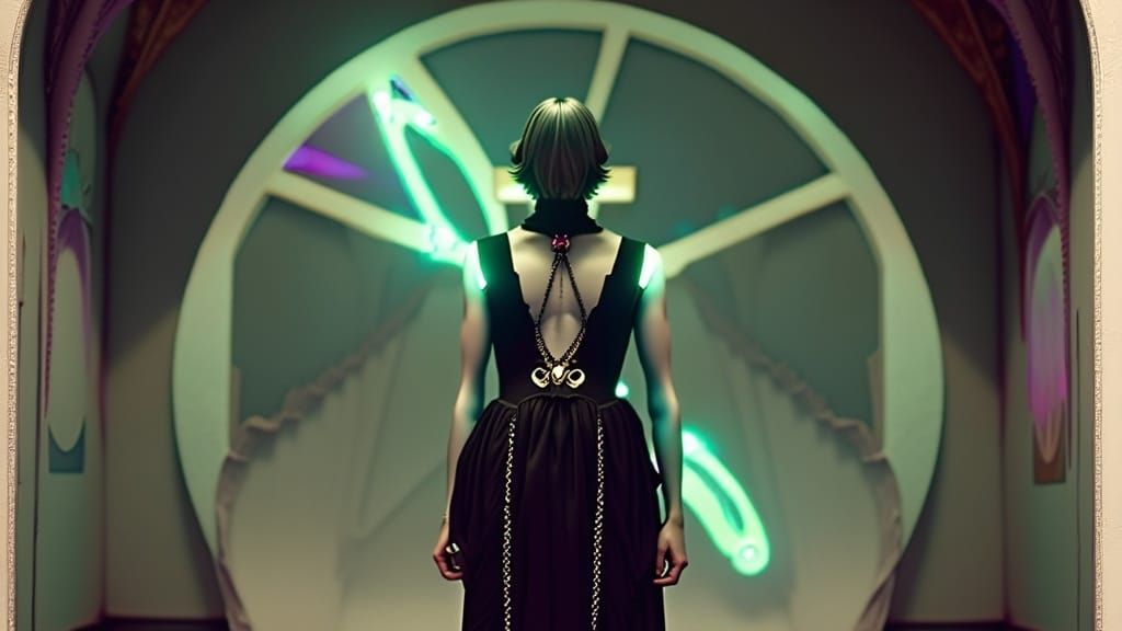 Cover art, insanely detailed Cinematic dramatic starkly lit uv-blacklight neon lurid badlands HD Enameled Glass Marquetry Figurine; (Glass C...