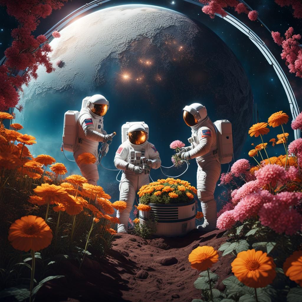 Three space man exploring flowers on the moon  by @Nova