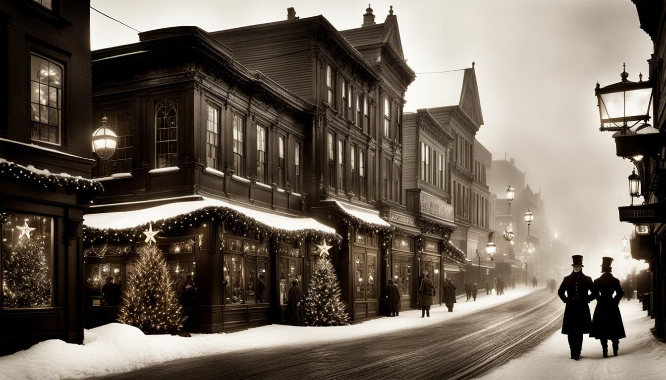 tintype photo; Christmascore; Christmas steampunk streetscap...