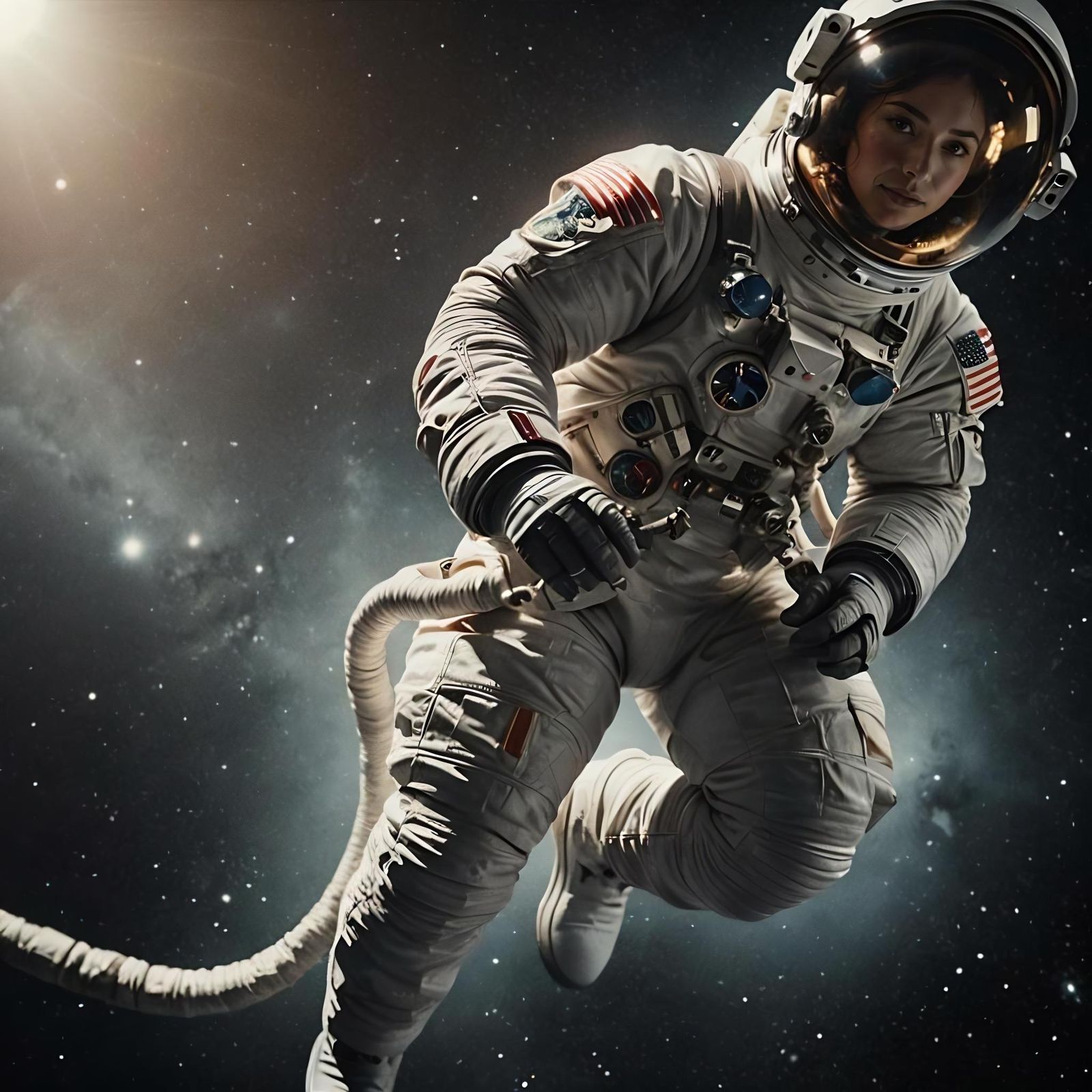 004 A beautiful female astronaut wearing a white spacesuit d...