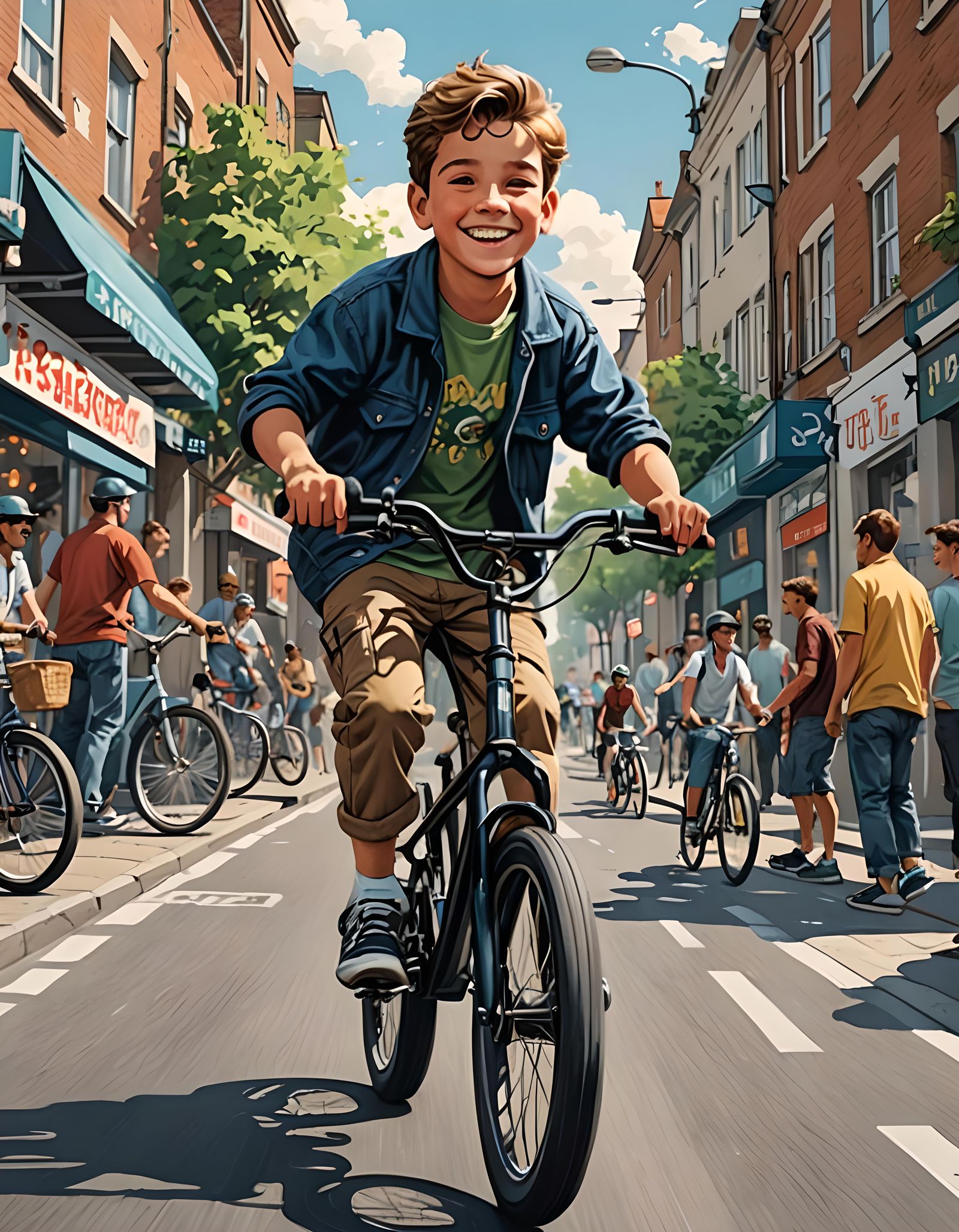 happy boy cycling on BMX in the street  by @dma