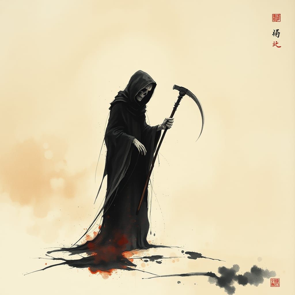 Minimalist dendritic watercolor painting of the Grim Reaper, wash colors, splash art, ink, highly polished ...  by @BulePanda