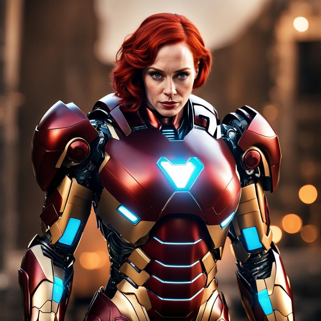 Christina Hendricks in iron mans suit of ironman armour AI Generated