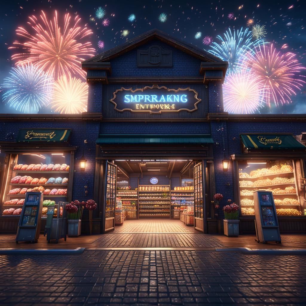 Grocery entrances filled with sparkling fireworks - AI Generated ...