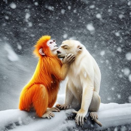 a white leopard and an orange monkey with a blue face kissing in the snow
