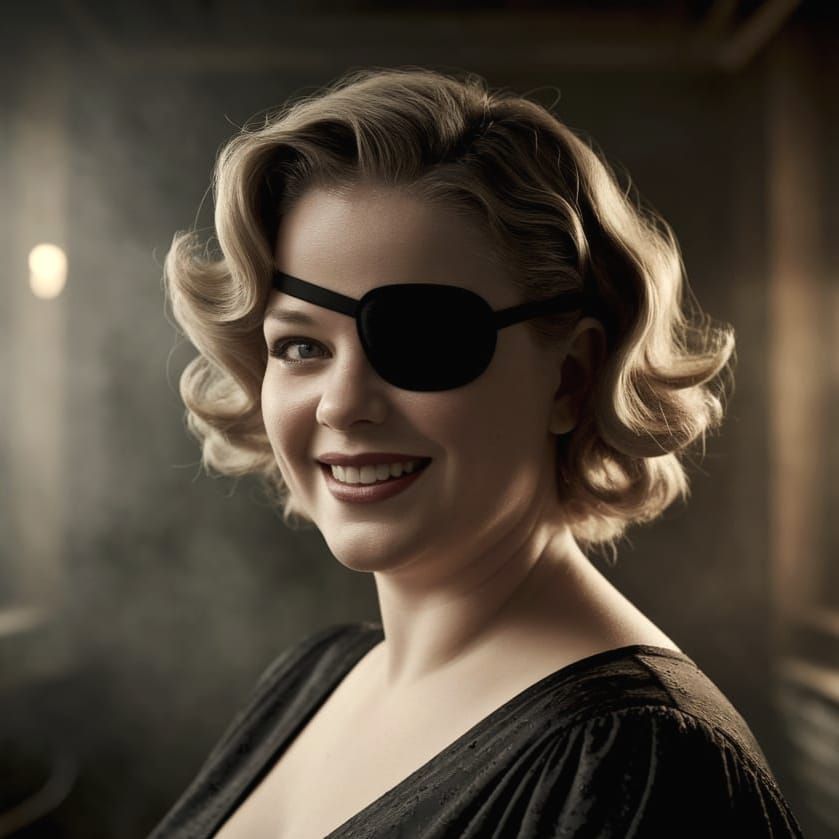 Cinematic photo portrait of a smiling gorgeous woman with short wavy blonde hair sporting her eyepatch