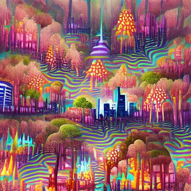 Psychedelic cityscape forest