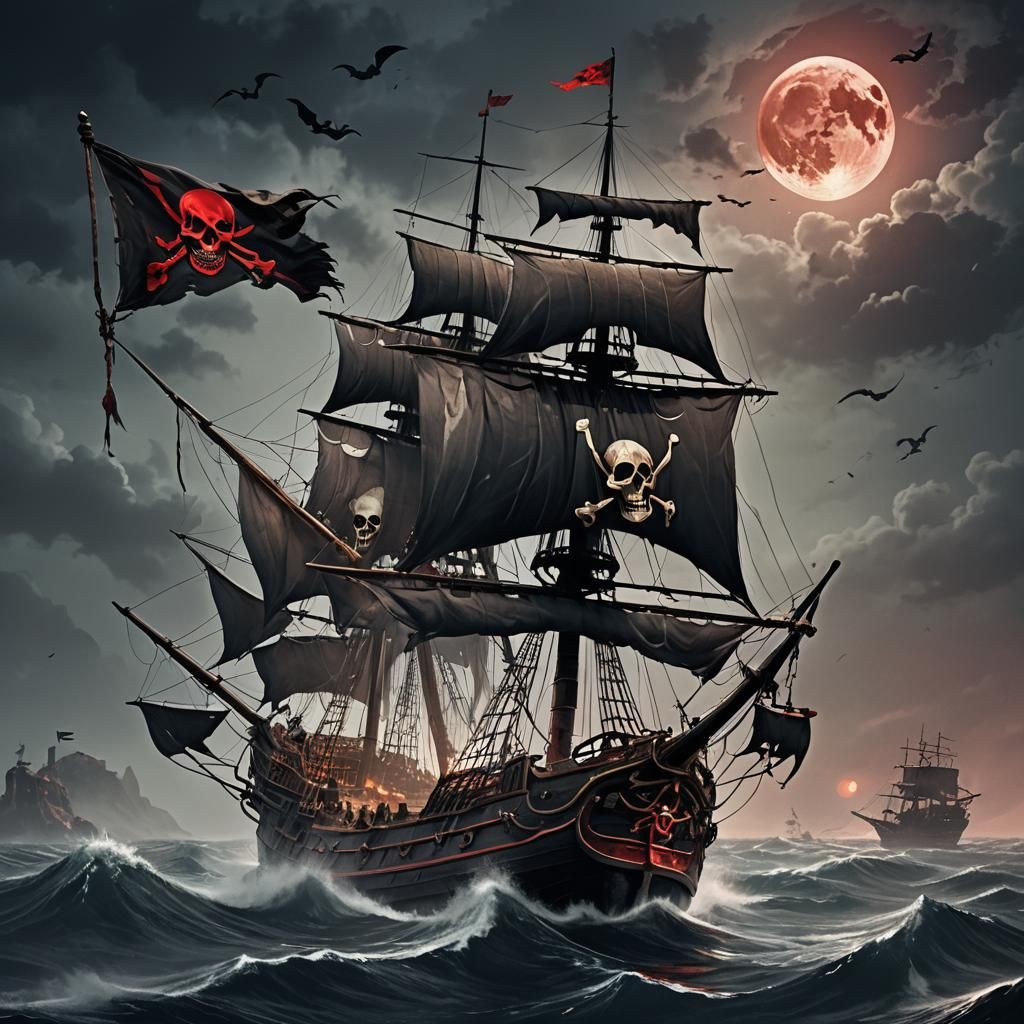 Under the blood-red moon, a pirate ship sails, its black sai...