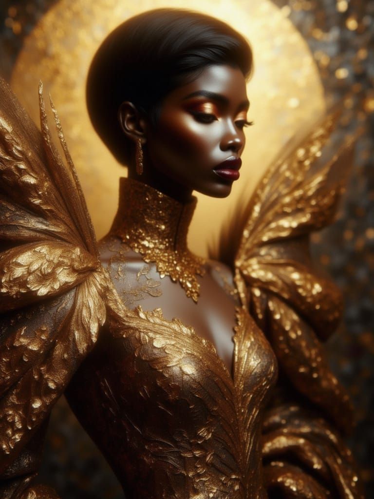 La bellissima modella vestita da cattedrale gotica, dorata. <lora:Cathedral Couture:1.0> volumetric lighting bokeh intricately detailed colo...