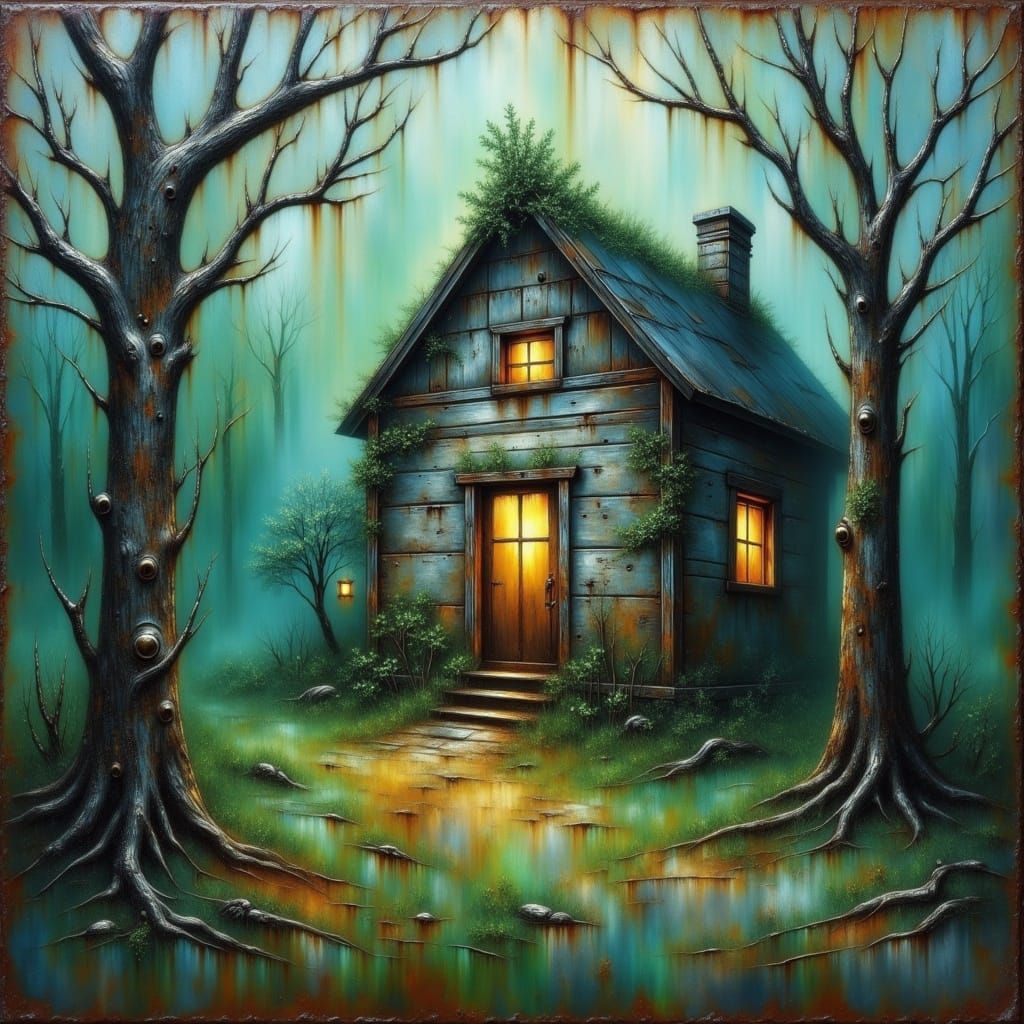 An oil painting that captures a mystical cabin shrouded in mist, nestled deep within a haunted forest, with twisted tree branches and gnarle...