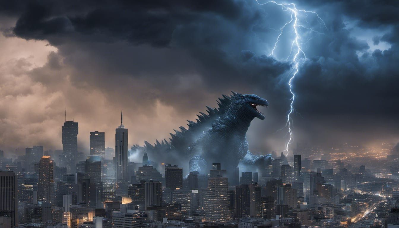 Godzilla smashes a city, stormy sky, lightning, blue hour - AI ...