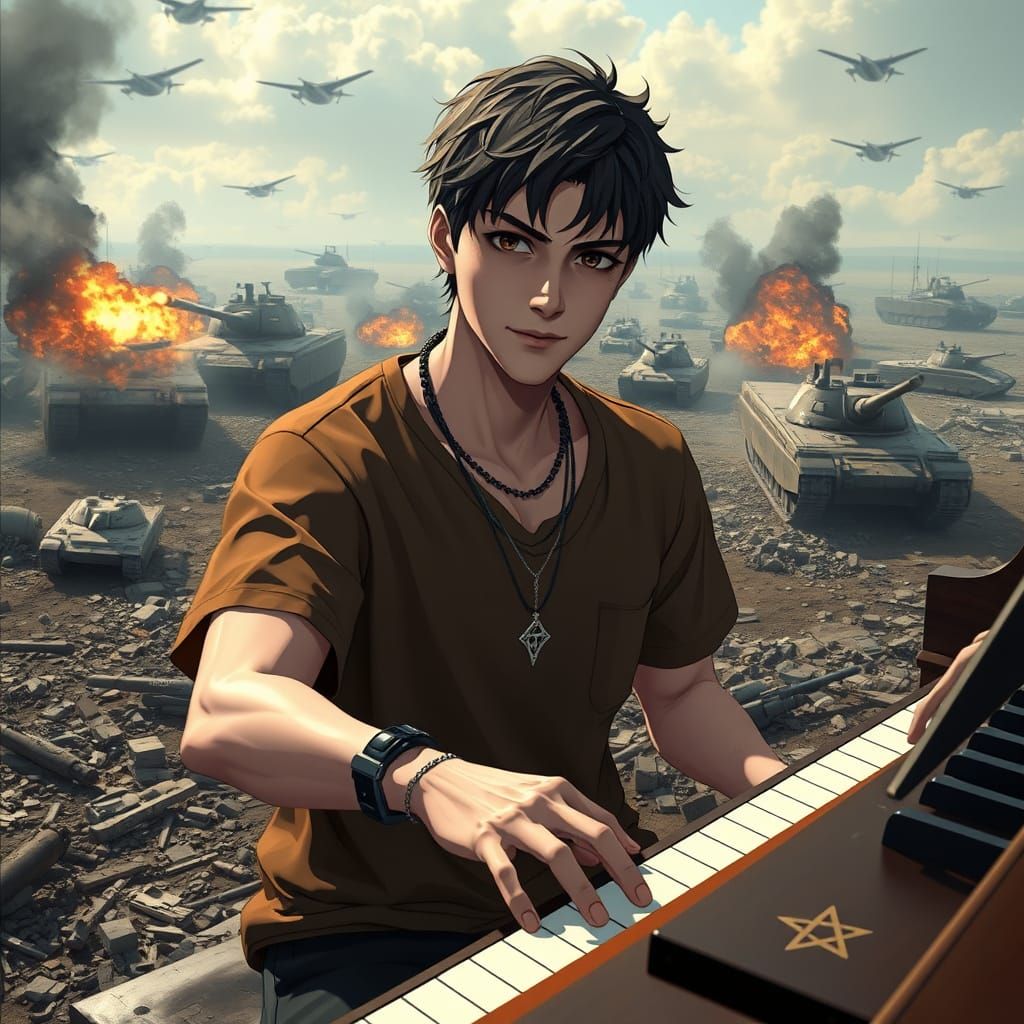 Melancholic Pianist in War Zone, 3D Anime Art